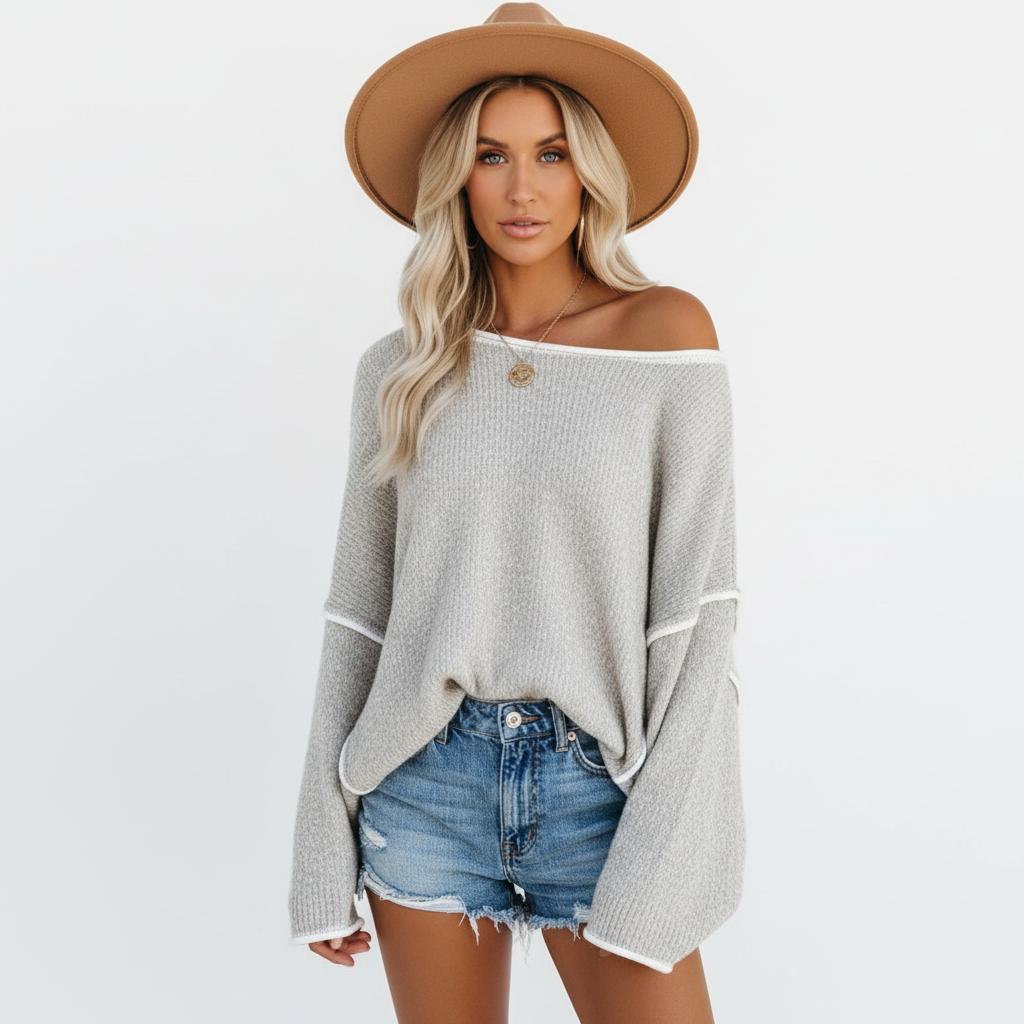 Gebreide Off - Shoulder Trui Dames | Relaxed Fijngebreid - Miss Madera