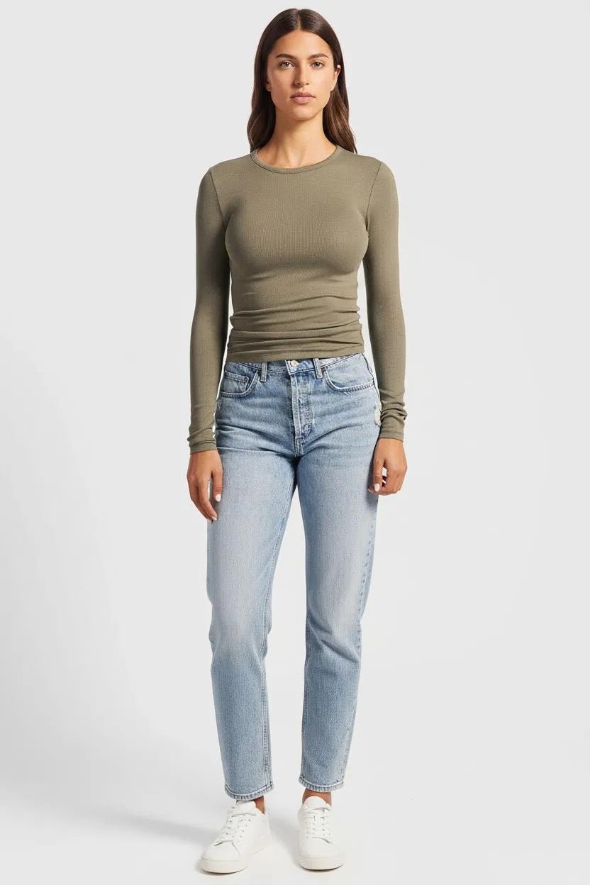 Geribbelde Longsleeve Dames | Crew Neck Fitted Katoen - Miss Madera