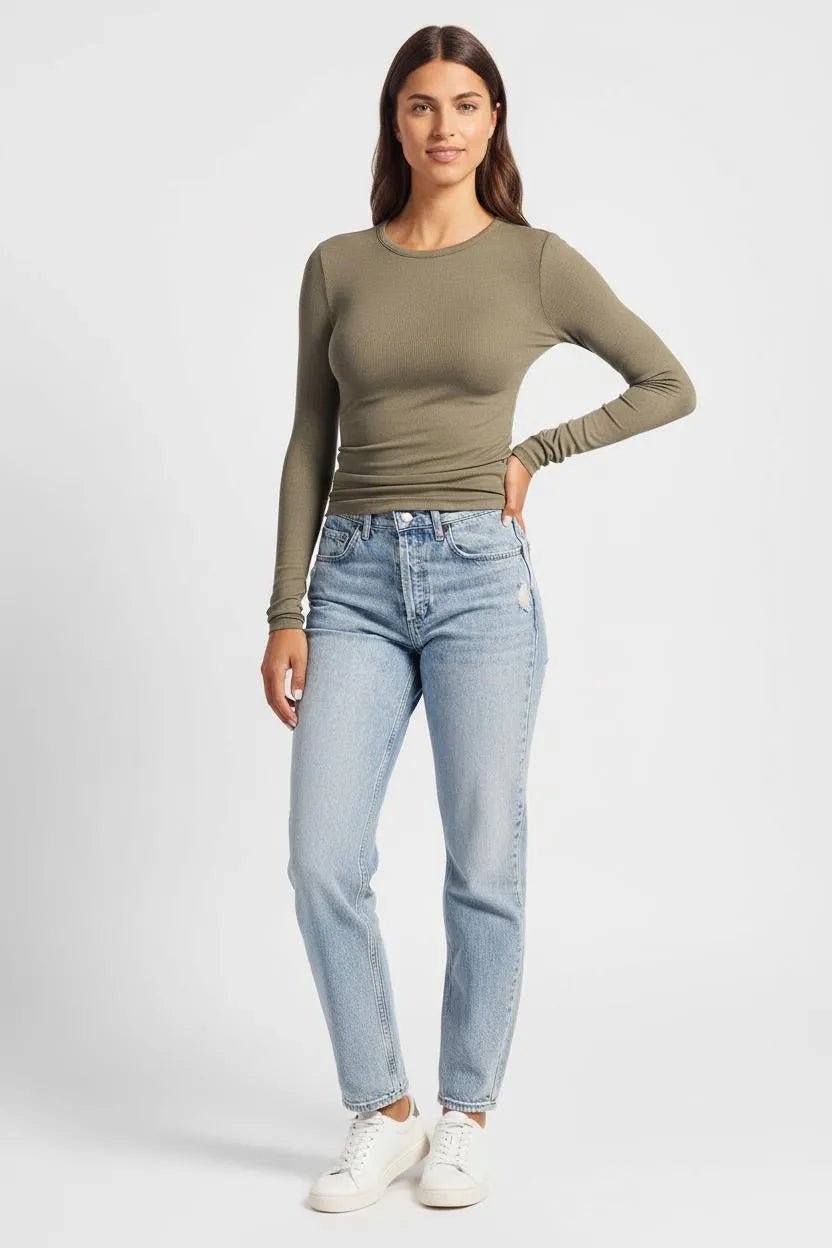 Geribbelde Longsleeve Dames | Crew Neck Fitted Katoen - Miss Madera