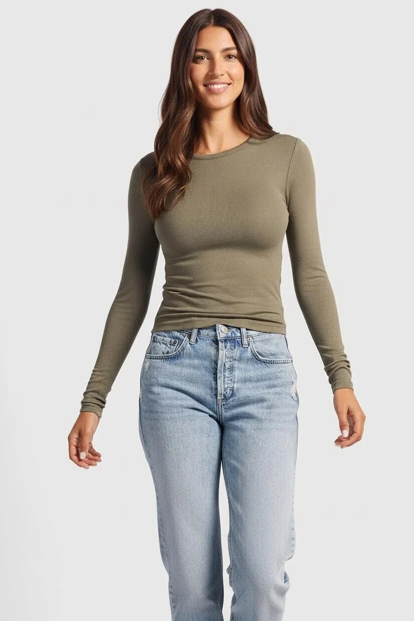 Geribbelde Longsleeve Dames | Crew Neck Fitted Katoen - Miss Madera