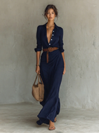 Jurk Dames Elegante Maxi Kanten Kraag - Viscose - Marineblau