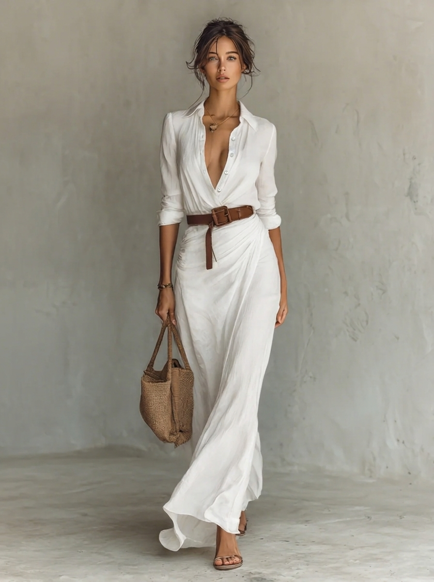 Jurk Dames Elegante Maxi Kanten Kraag - Viscose - Wit