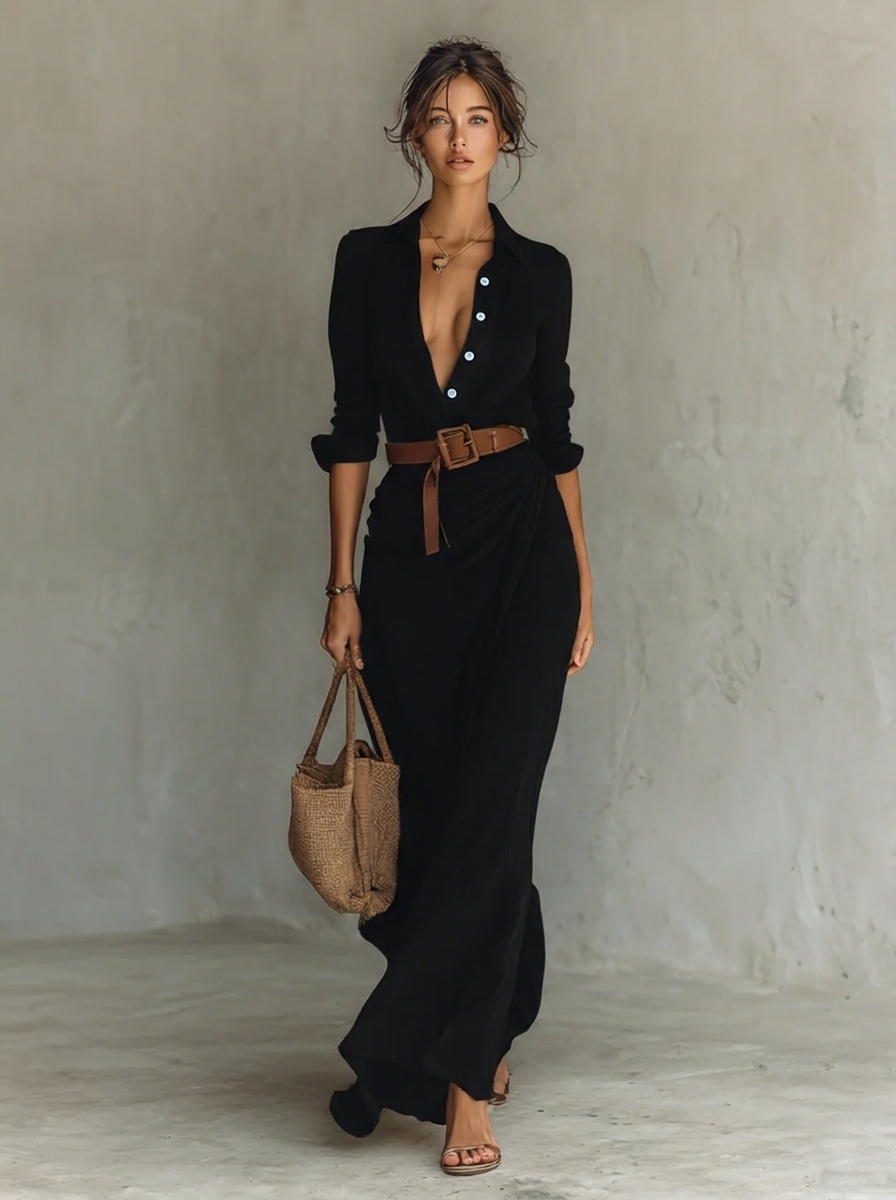 Jurk Dames Elegante Maxi Kanten Kraag - Viscose - Zwart