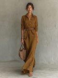 Jurk Dames Elegante Maxi Kanten Kraag - Viscose - Kaki