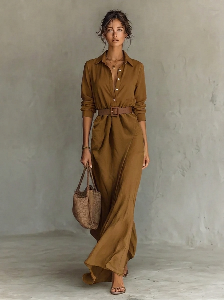Jurk Dames Elegante Maxi Kanten Kraag - Viscose - Kaki