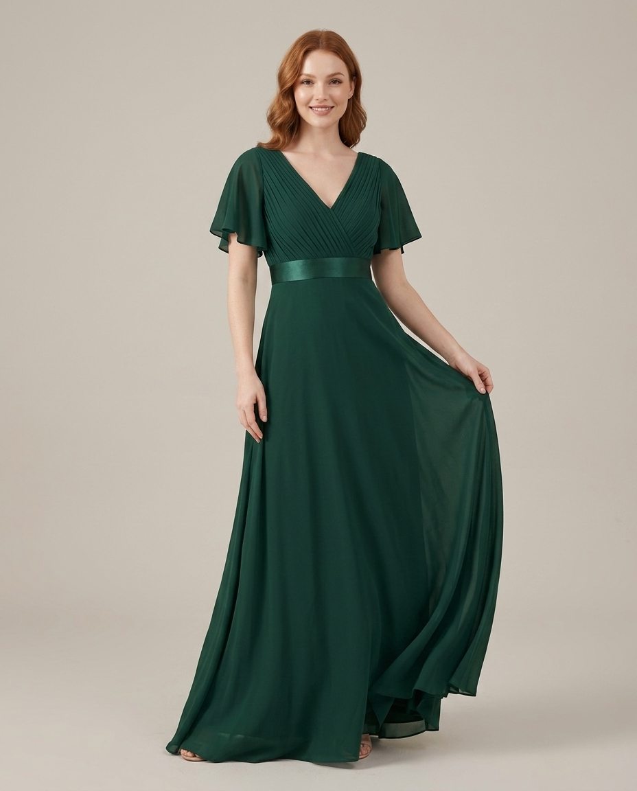 Miss Madera bruidsmeisjesjurk chiffon empire - Donkergroen voorkant
