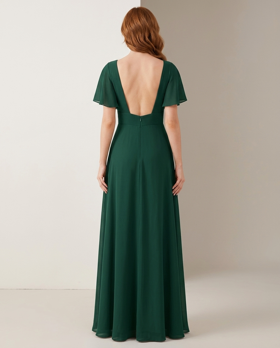 Miss Madera bruidsmeisjesjurk chiffon empire - Donkergroen achterkant open rug