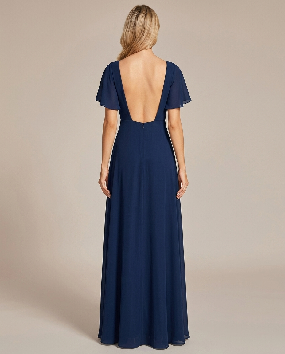 Miss Madera bruidsmeisjesjurk chiffon empire - Marineblauw achterkant open rug