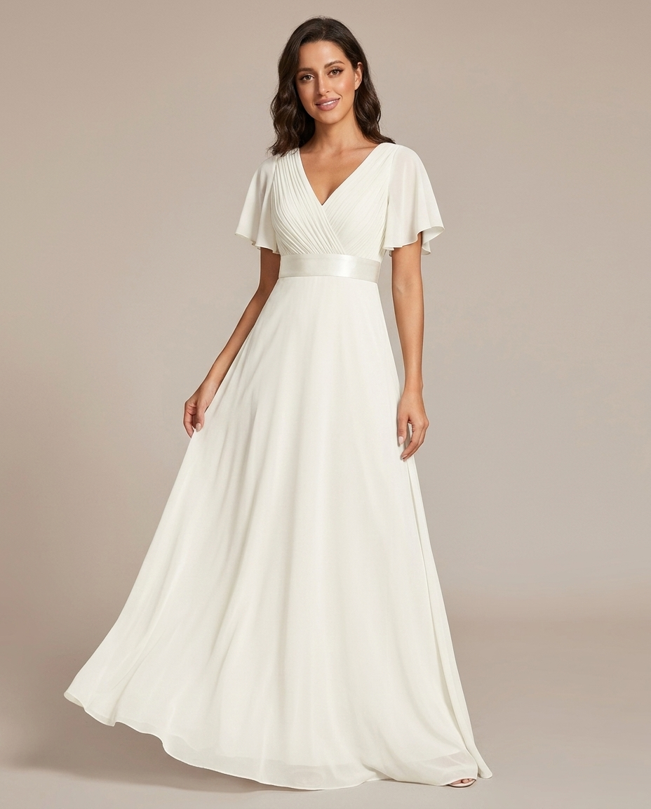 Miss Madera bruidsmeisjesjurk chiffon empire - Wit voorkant