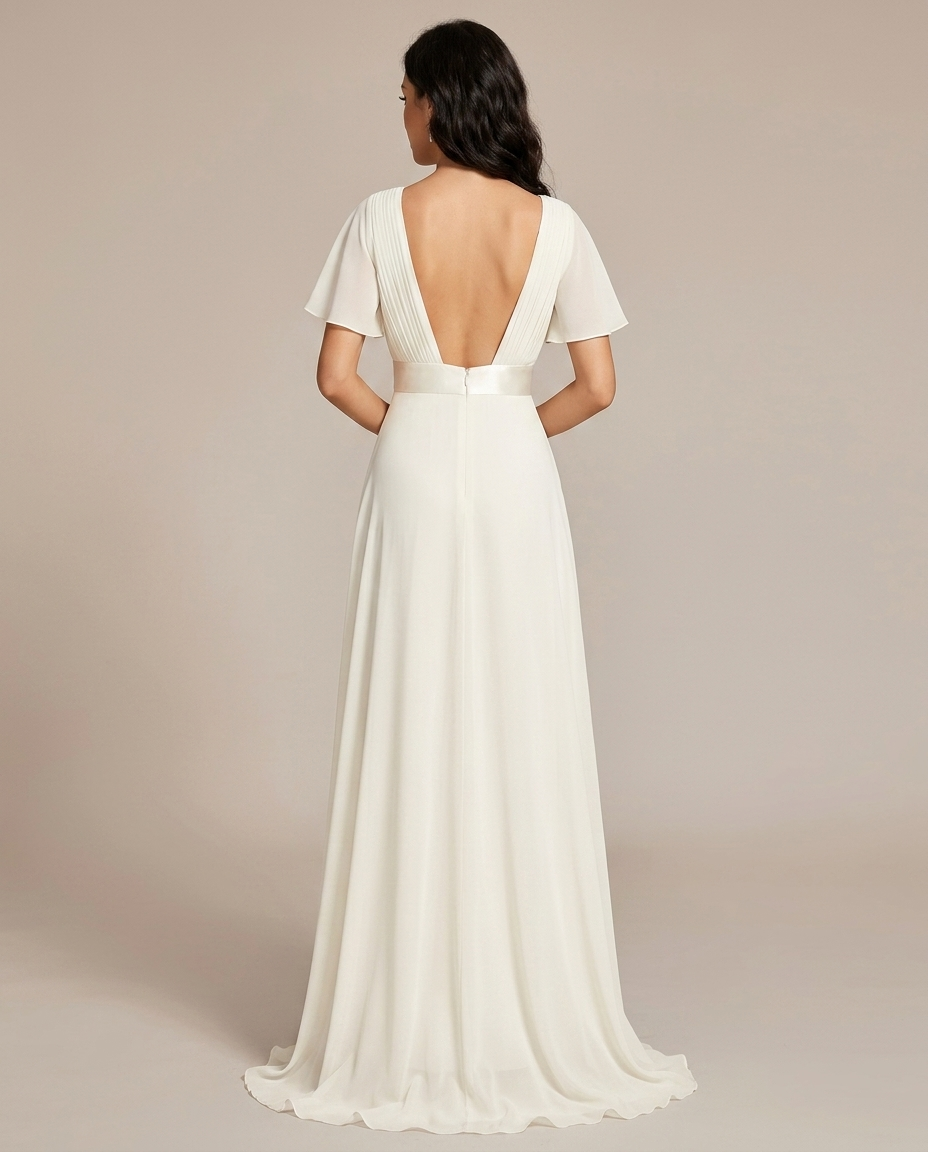 Miss Madera bruidsmeisjesjurk chiffon empire - Wit achterkant open rug