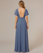 Miss Madera bruidsmeisjesjurk chiffon empire - Stofblauw achterkant open rug