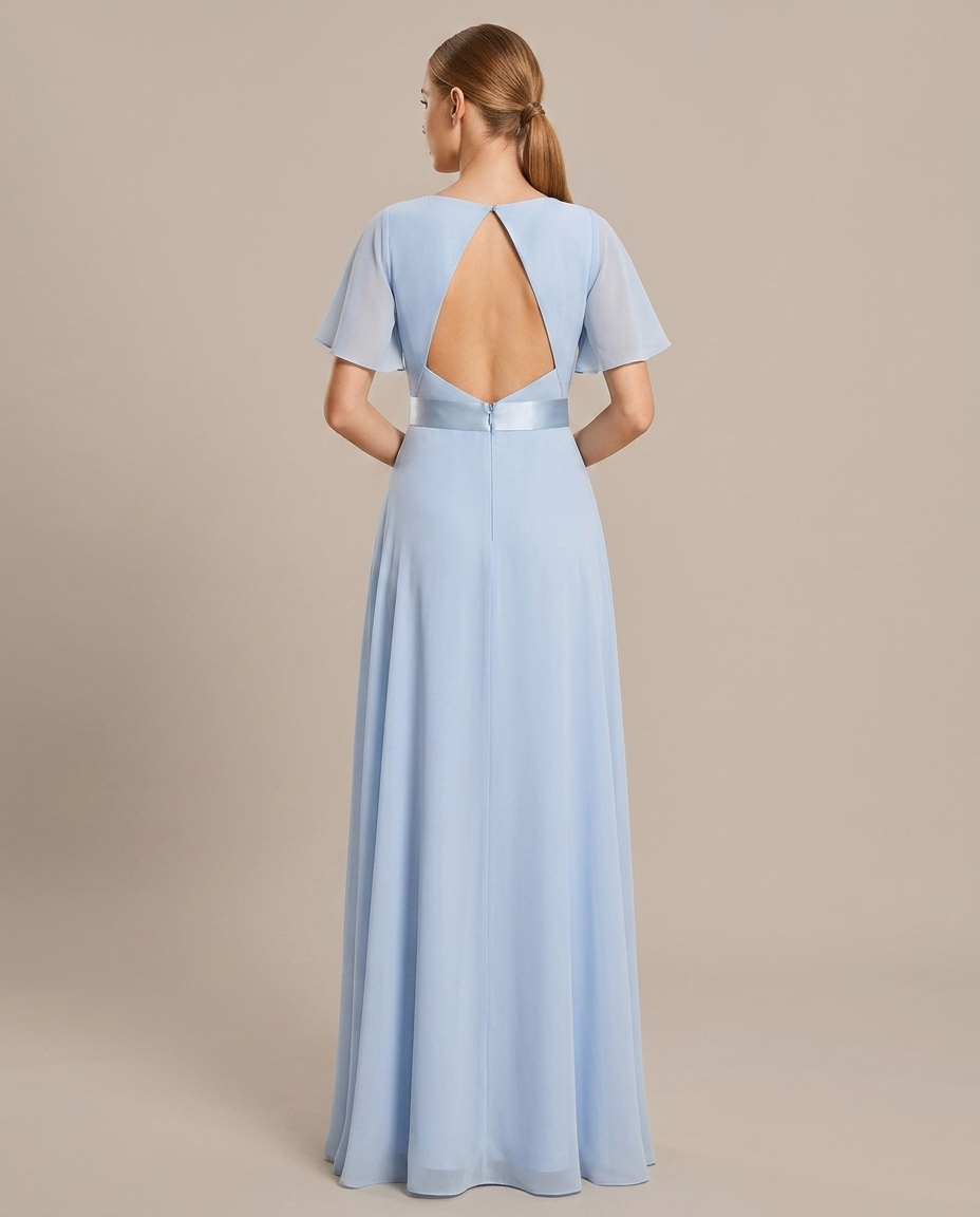 Miss Madera bruidsmeisjesjurk chiffon empire - IJsblauw achterkant open rug