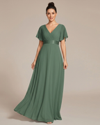 Miss Madera bruidsmeisjesjurk chiffon empire - Eucalyptusgroen voorkant