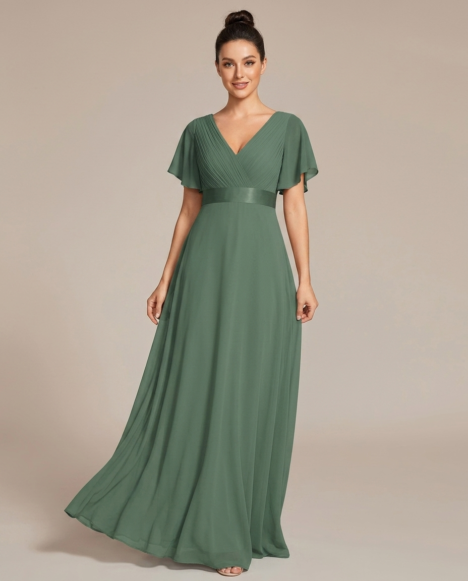 Miss Madera bruidsmeisjesjurk chiffon empire - Eucalyptusgroen voorkant