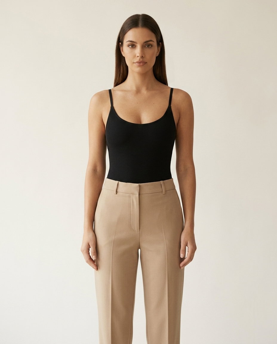Naadloze bodysuit dames gestyled met pantalon, vooraanzicht in studiolicht