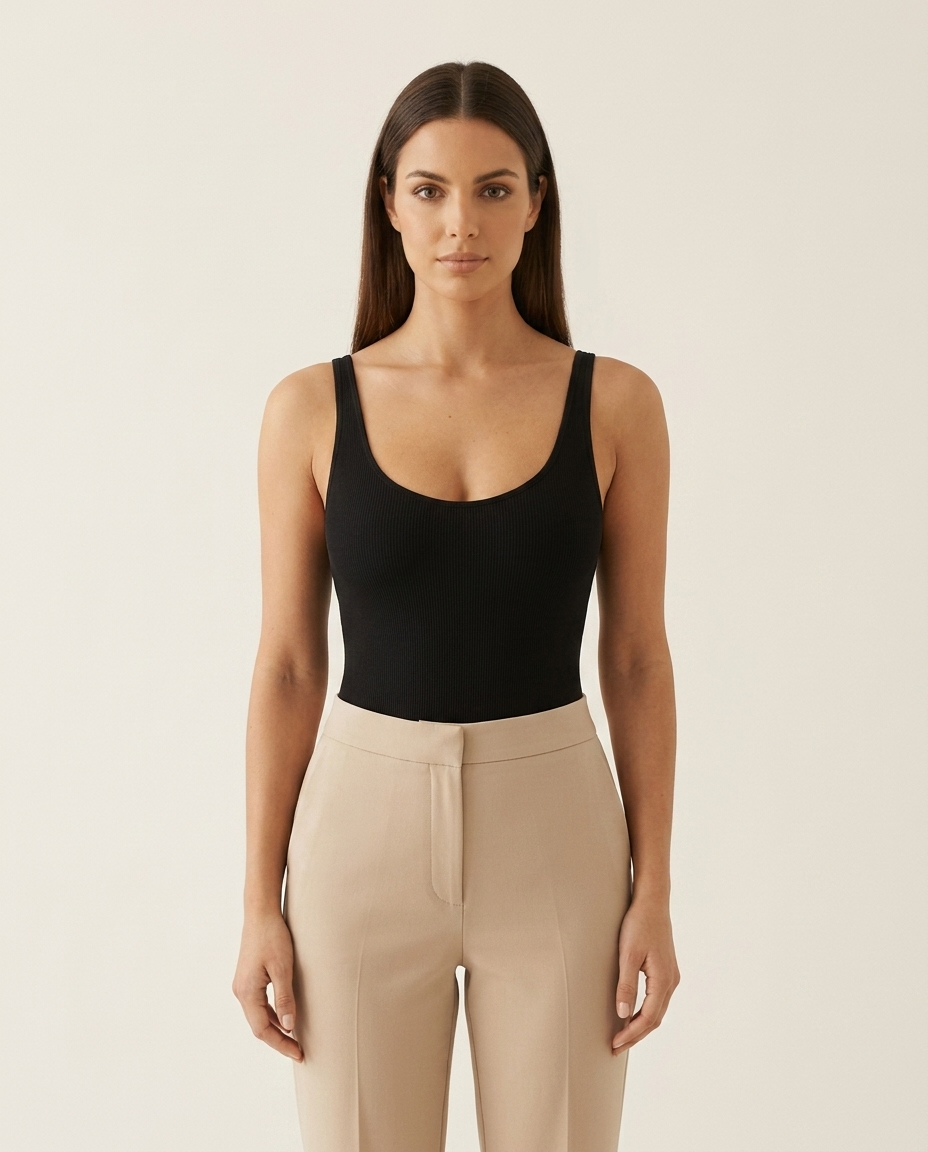 Model draagt de naadloze bodysuit van Miss Madera als top op een high waist pantalon