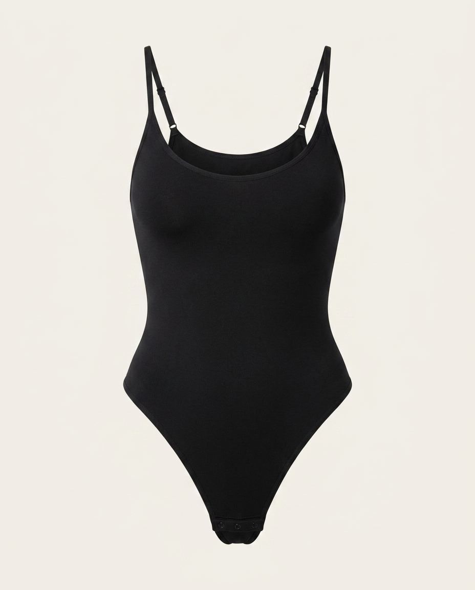 Zwarte naadloze bodysuit met string van Miss Madera, packshot zonder model op off-white achtergrond