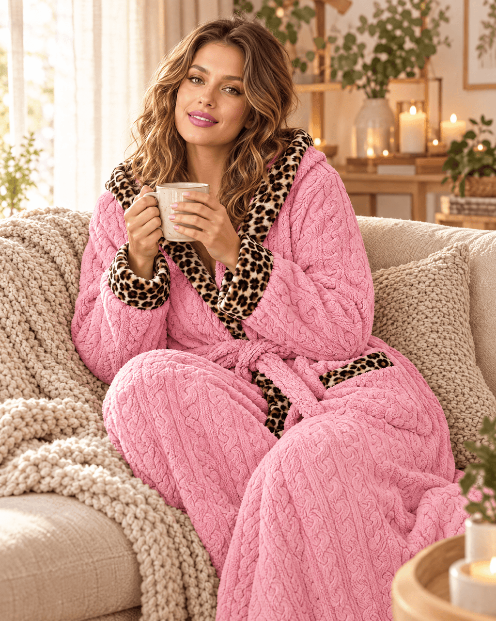 Lange badjas dames sjaalkraag jacquard - Roze - thuis lifestyle