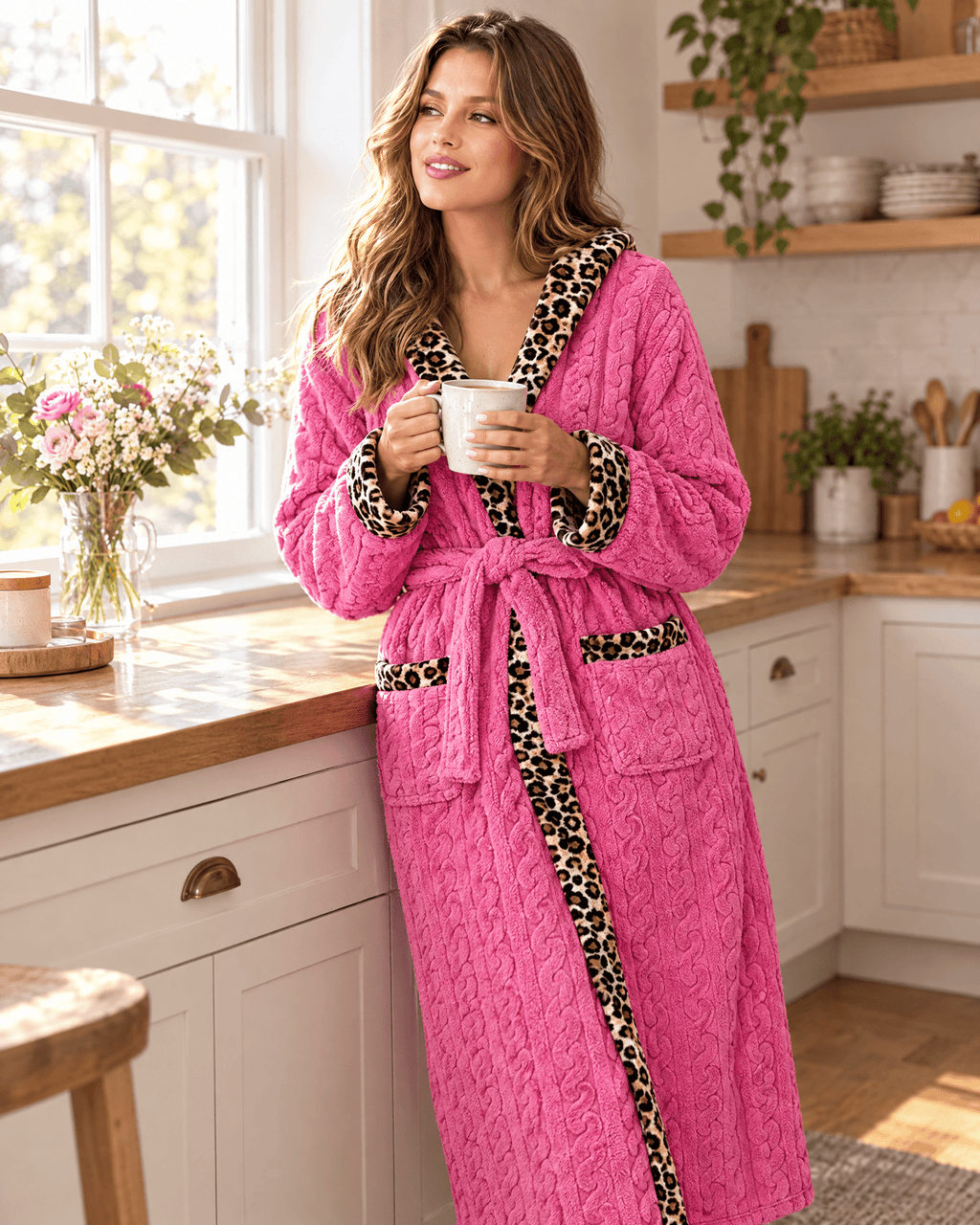 Lange badjas dames sjaalkraag jacquard - Rozerood - thuis lifestyle
