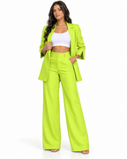 Co-ord set dames revers blazer splitsmouw rechte pijpen - Geelgroen