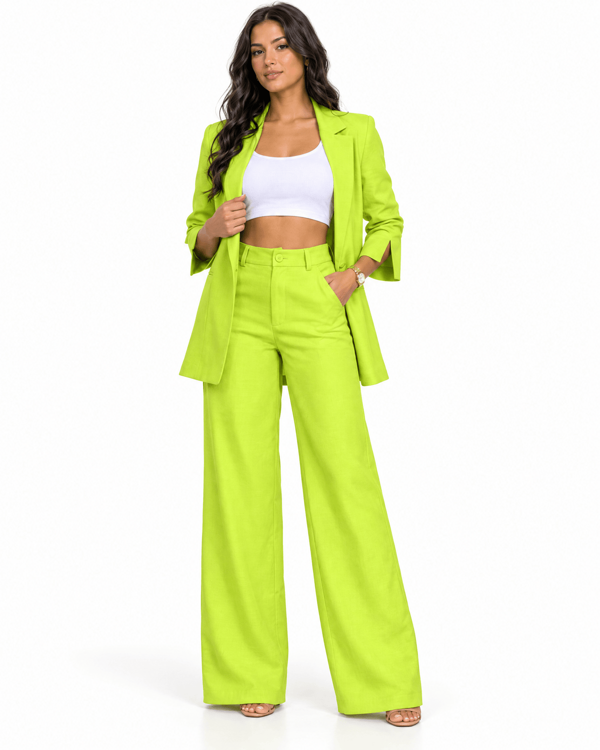 Co-ord set dames revers blazer splitsmouw rechte pijpen - Geelgroen