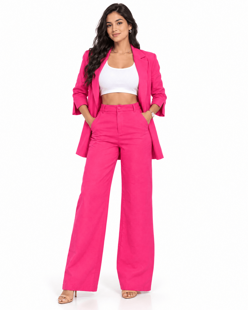 Co-ord set dames revers blazer splitsmouw rechte pijpen - Rozerood
