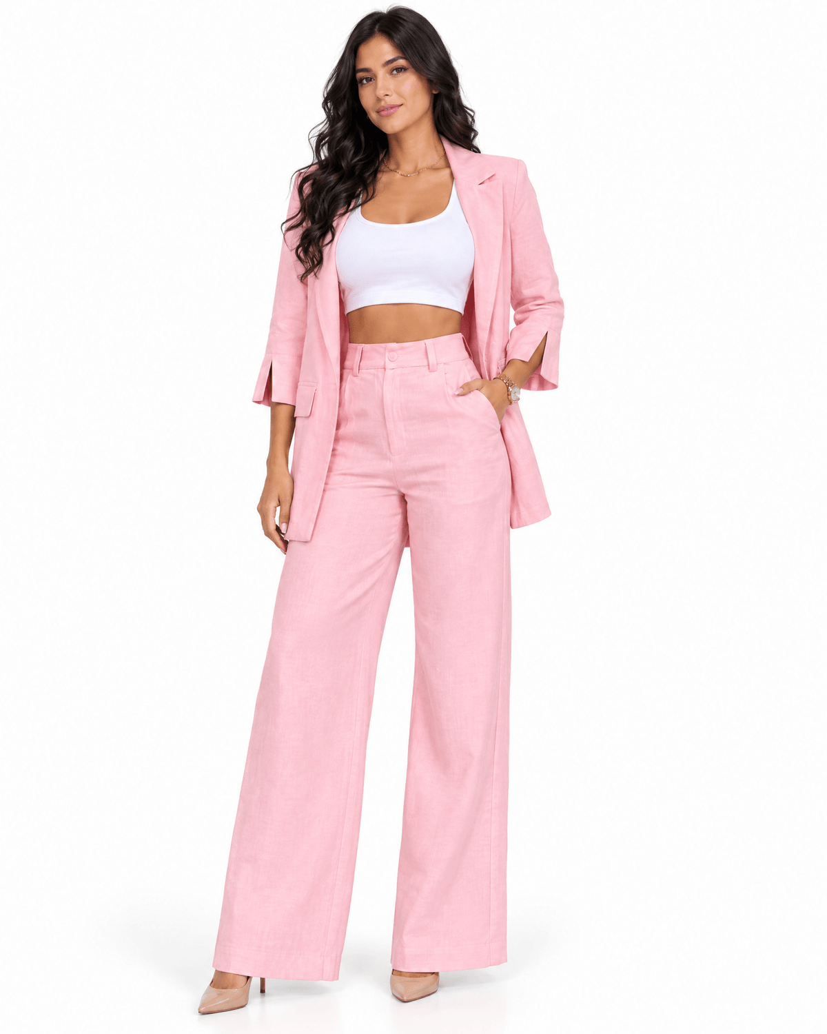 Co-ord set dames revers blazer splitsmouw rechte pijpen - Roze