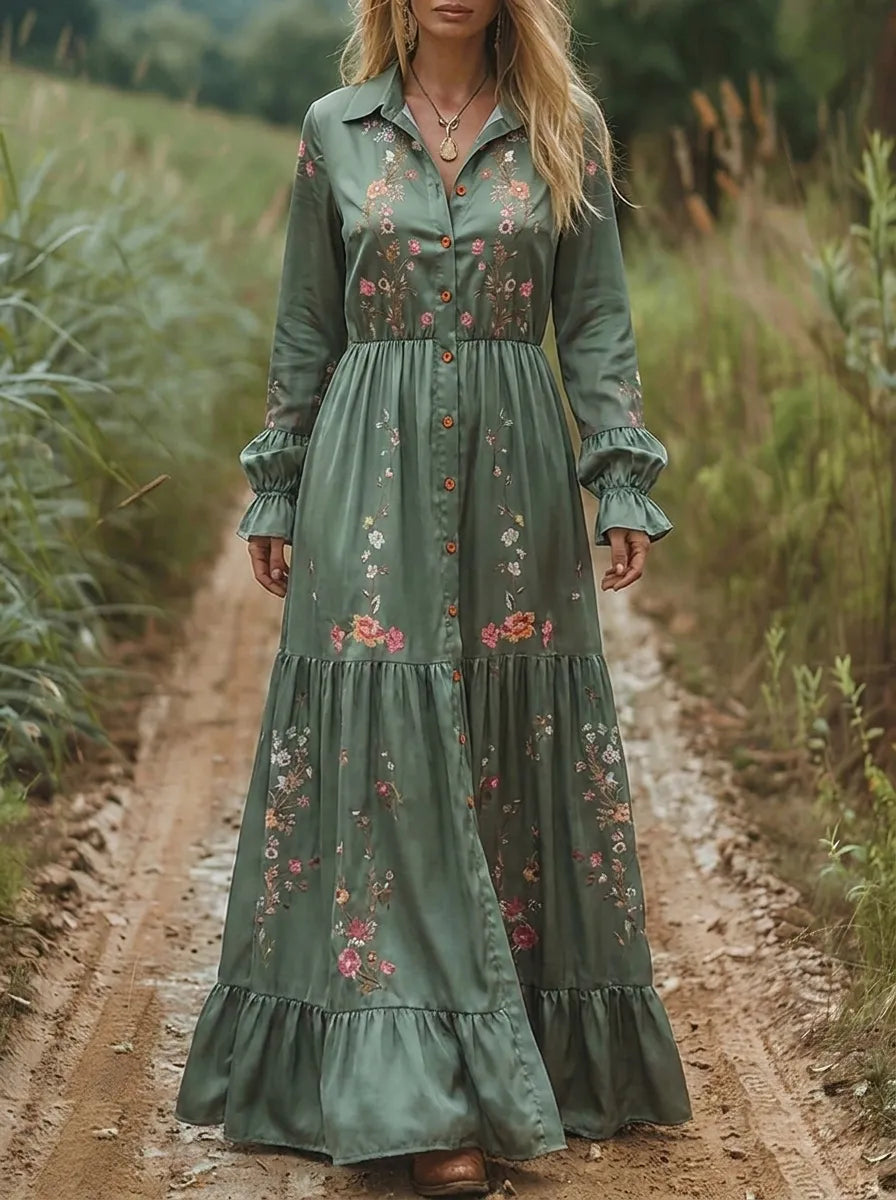 Damska sukienka maxi w stylu boho haftowana z dekoltem w serek