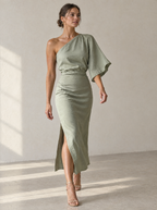 Jurk Dames Midi One-Shoulder grijsgroen - zijsplit - Miss Madera