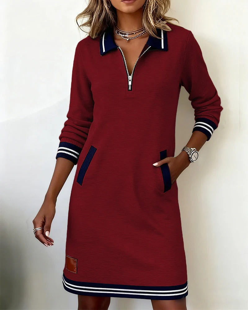 Jurk Dames Herfst Midi Rechte Snit - Katoen - Rood