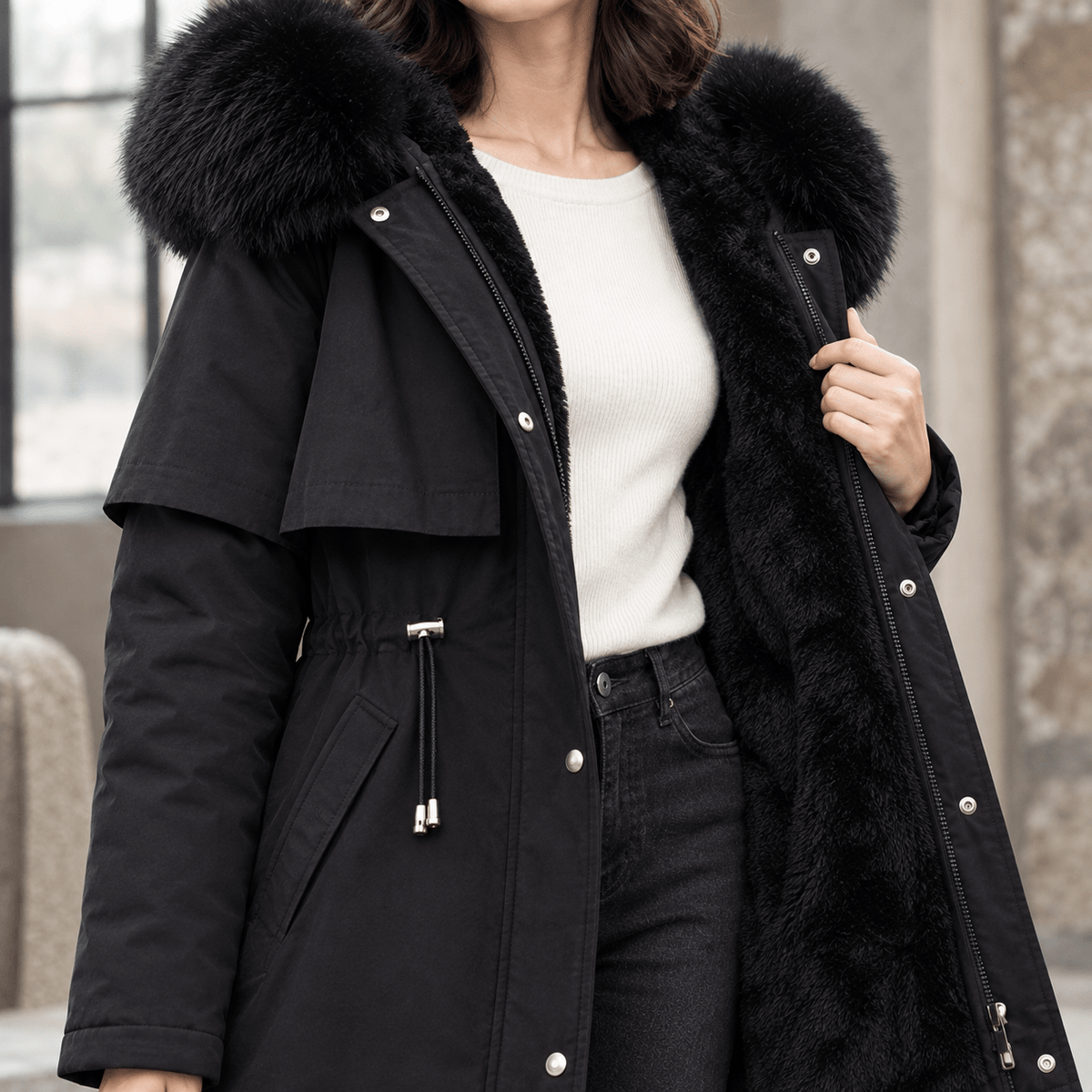 Jas Dames Longline Capuchon Trekkoord
