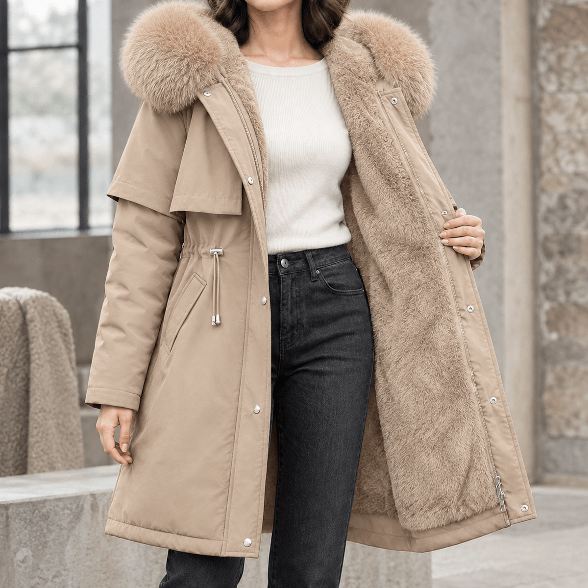 Jas Dames Longline Capuchon Trekkoord