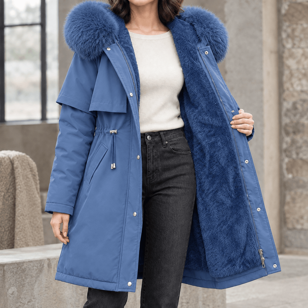 Jas Dames Longline Capuchon Trekkoord