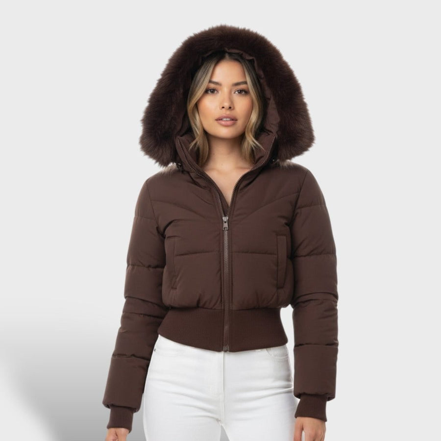 Jas Dames Cropped Gewatteerd Nepbont Capuchon – Winter | Miss Madera