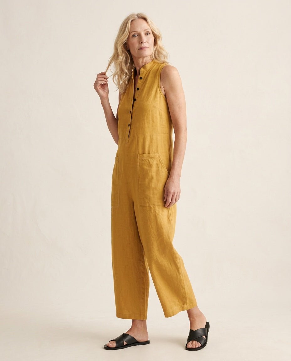Jumpsuit mouwloos van linnen geel - Miss Madera