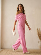 Jumpsuit roze met wijde pijpen en asymmetrische hals - Miss Madera
