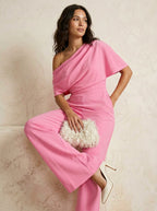 Jumpsuit roze met wijde pijpen en asymmetrische hals - Miss Madera