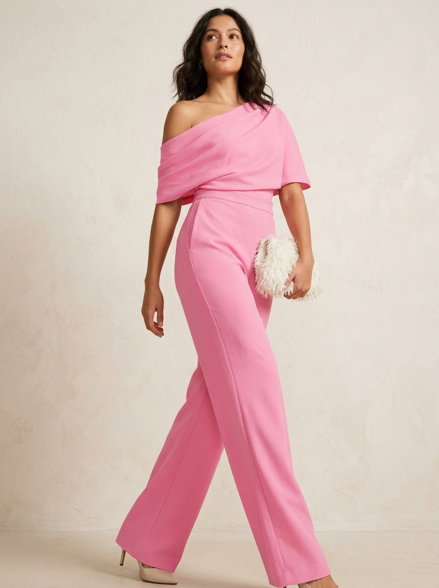 Jumpsuit roze met wijde pijpen en asymmetrische hals - Miss Madera