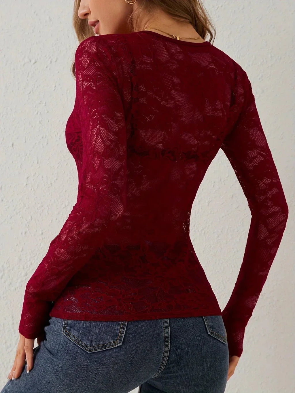 Kanten Top Dames | V - hals Lange Mouw Slim Fit - Miss Madera