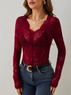Kanten Top Dames | V - hals Lange Mouw Slim Fit - Miss Madera