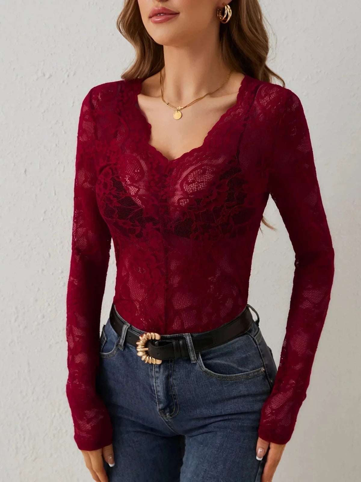 Kanten Top Dames | V - hals Lange Mouw Slim Fit - Miss Madera