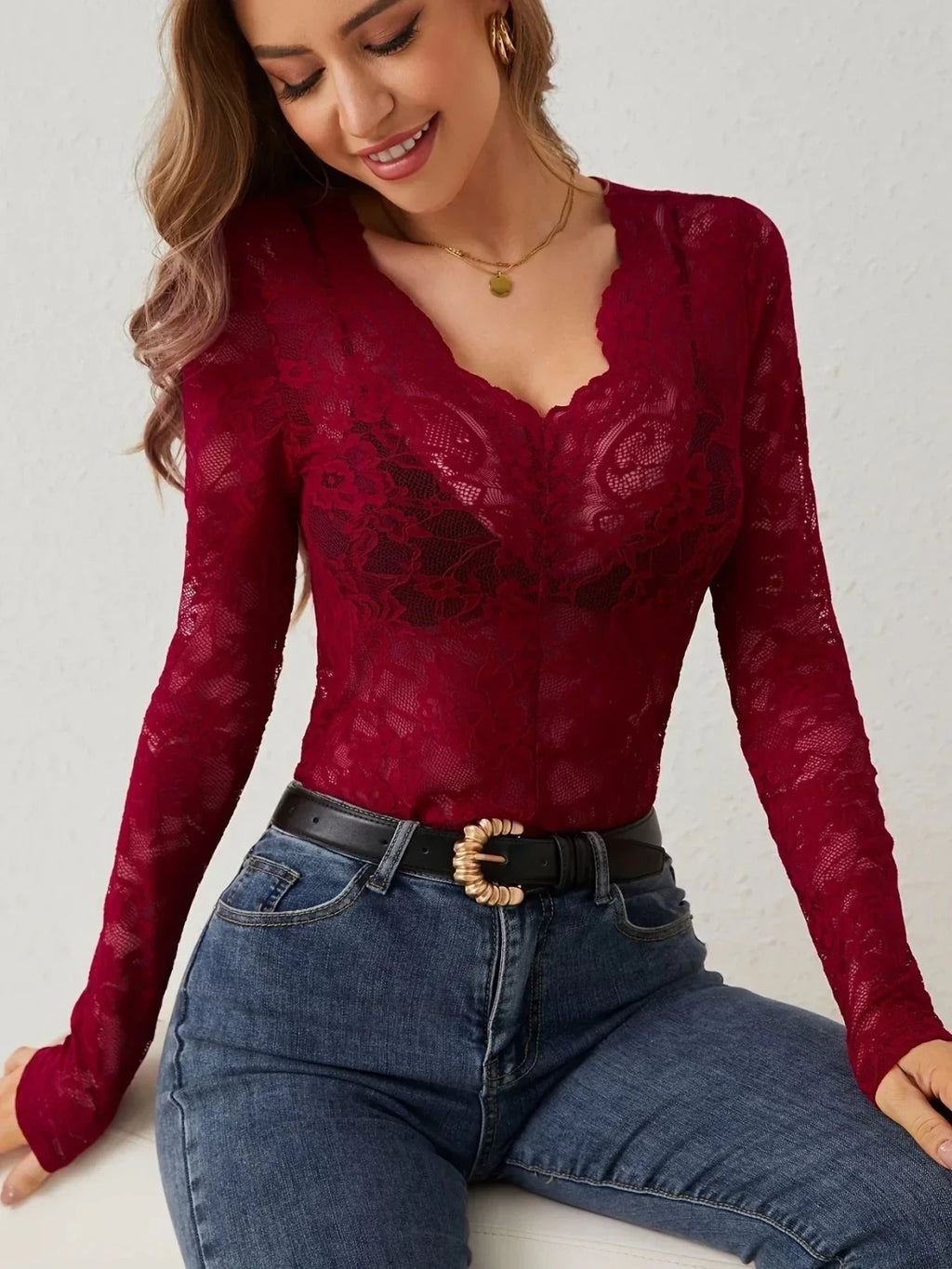 Kanten Top Dames | V - hals Lange Mouw Slim Fit - Miss Madera