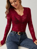 Kanten Top Dames | V - hals Lange Mouw Slim Fit - Miss Madera