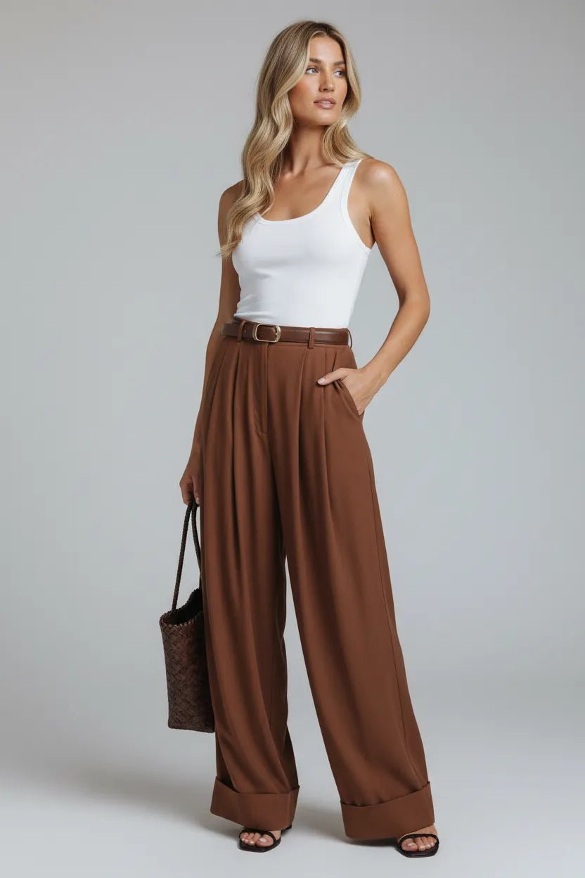 Katoenen Wide Leg Broek Dames | Voorplooien Relaxed - Miss Madera