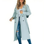 Trenchcoat Dames Lang Loose Fit met Dubbele Knooprij - Lichtblauw