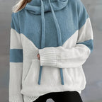 Hoodie Dames Gebreid Colorblock met Koordcapuchon - Pauwblauw