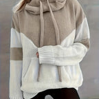 Hoodie Dames Gebreid Colorblock met Koordcapuchon - Kaki