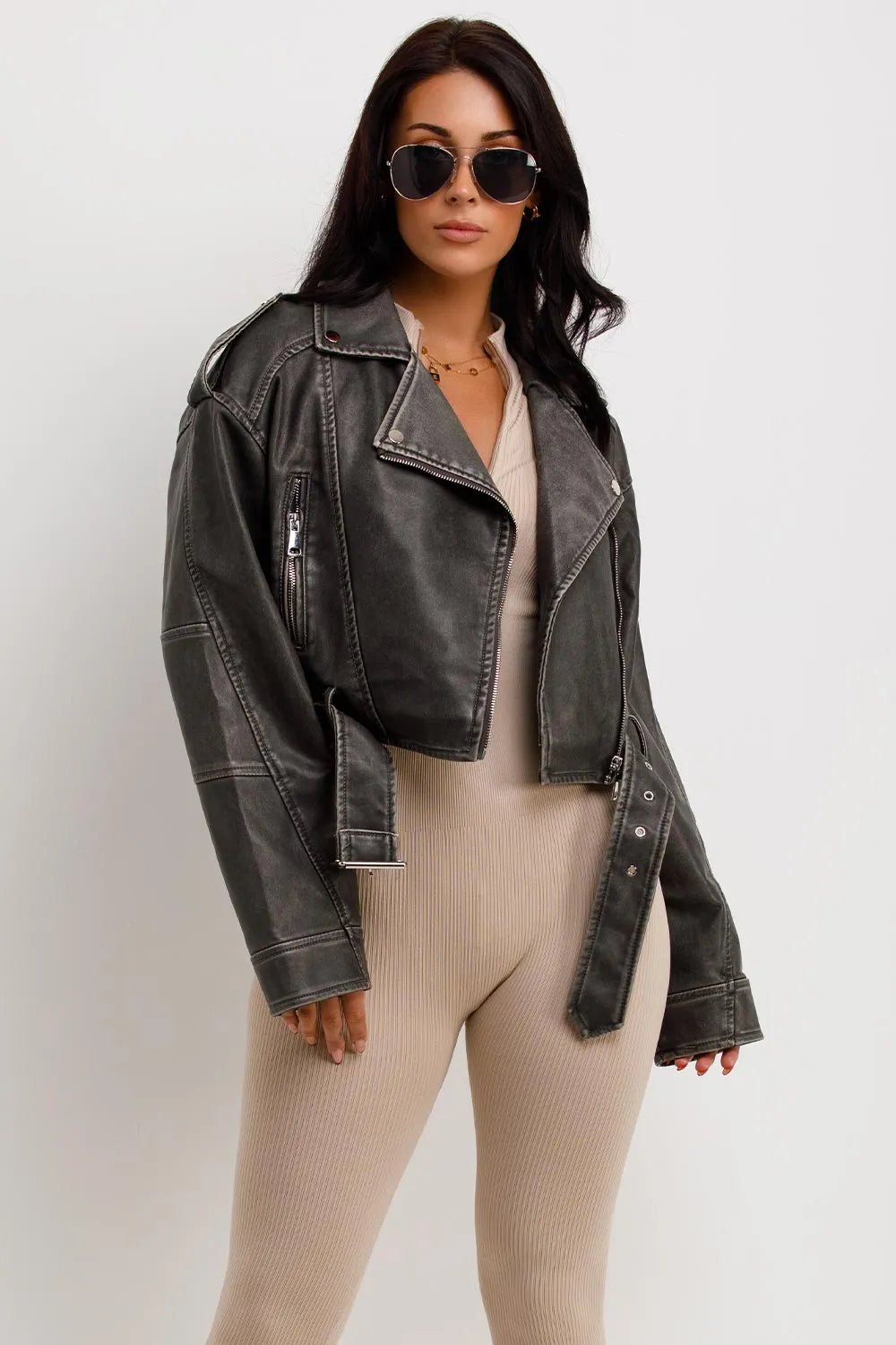 leren Biker Jacket Dames | Cropped Asymmetrische Rits - Miss Madera