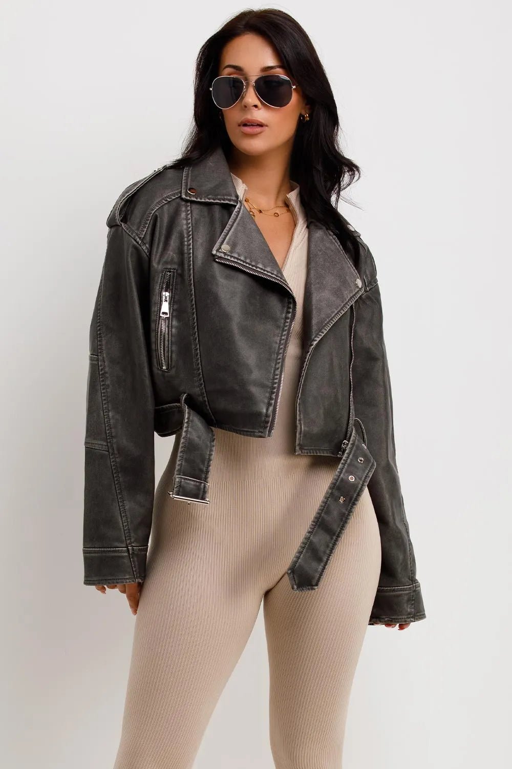 leren Biker Jacket Dames | Cropped Asymmetrische Rits - Miss Madera