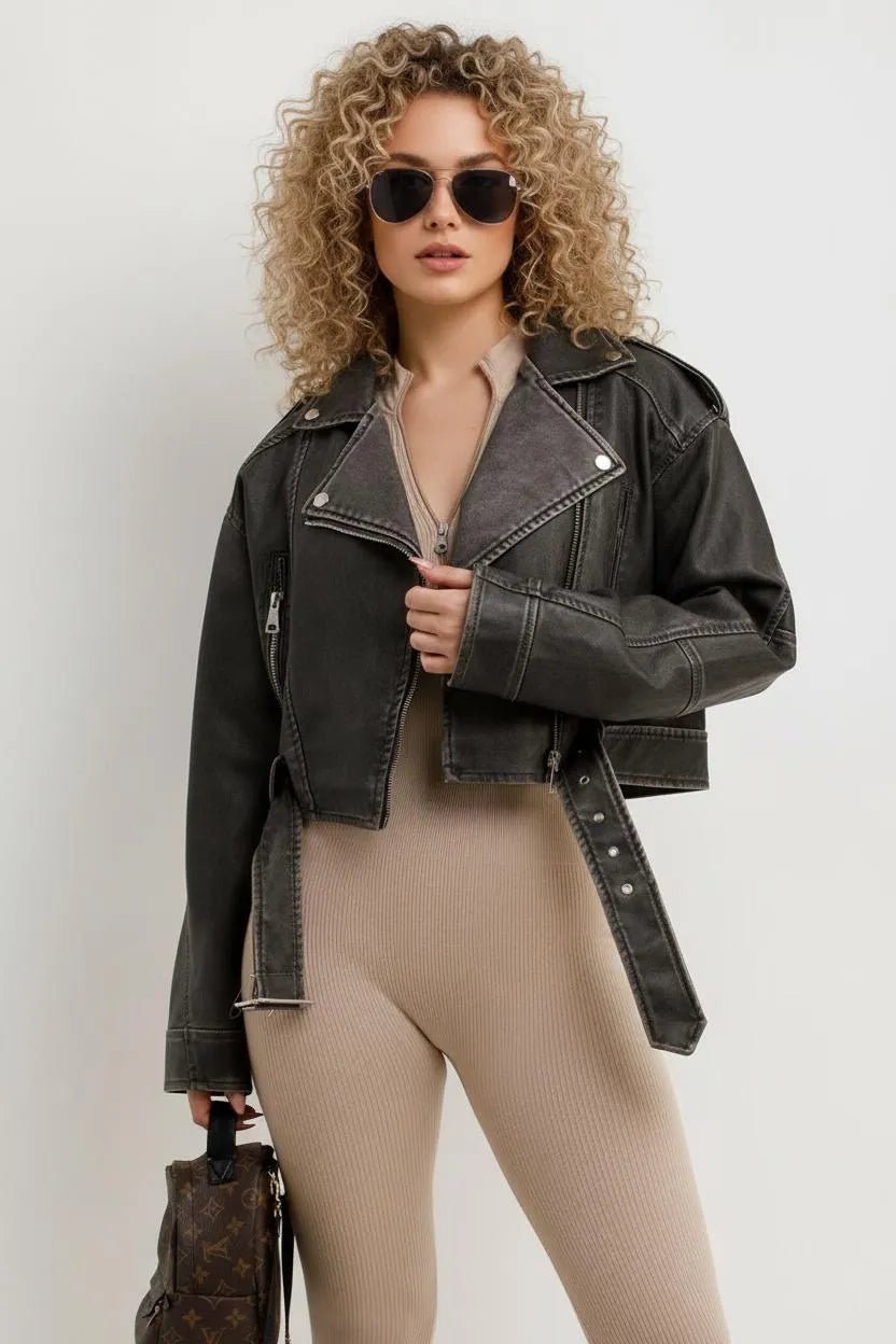leren Biker Jacket Dames | Cropped Asymmetrische Rits - Miss Madera